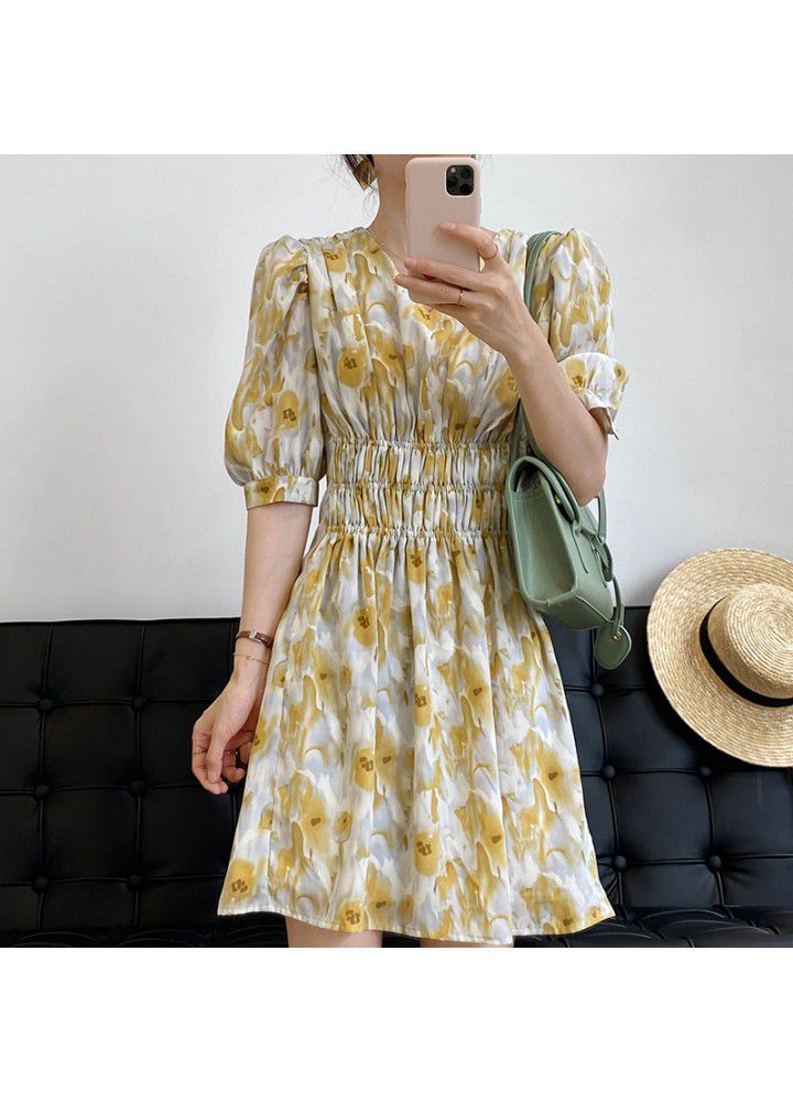 Taochuan gentle wind V-neck short sleeve floral dress women's summer 2021 waist fold French short skirt 5159