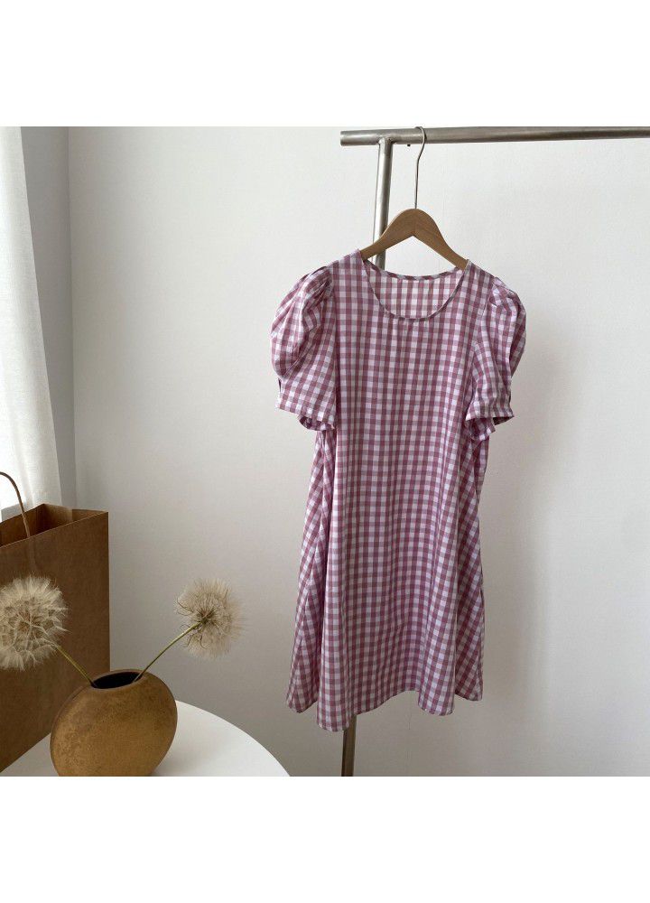Zhicongxi 2021 summer new Korean retro Plaid round neck bubble sleeve medium length casual dress women's 1799
