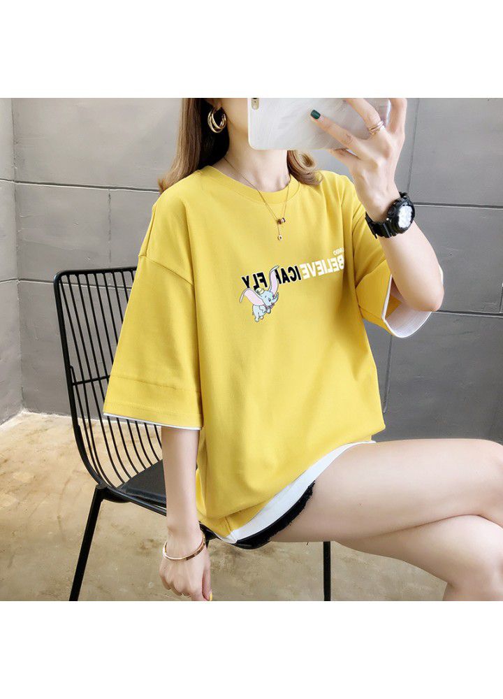 Black T-shirt women's short sleeve loose fitting half sleeve 2021 new Harajuku Hong Kong style simple fake two-piece top