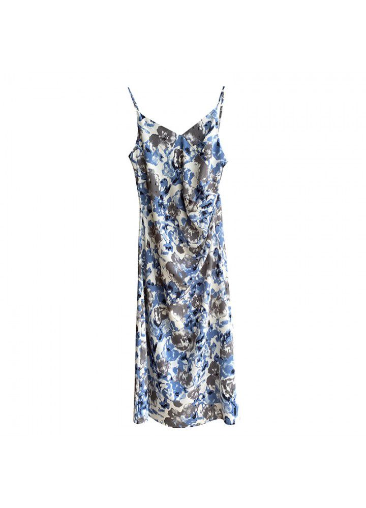 Taochuan Korean pleated and thin print long skirt with suspender for women 2021 summer holiday dress summer skirt 779