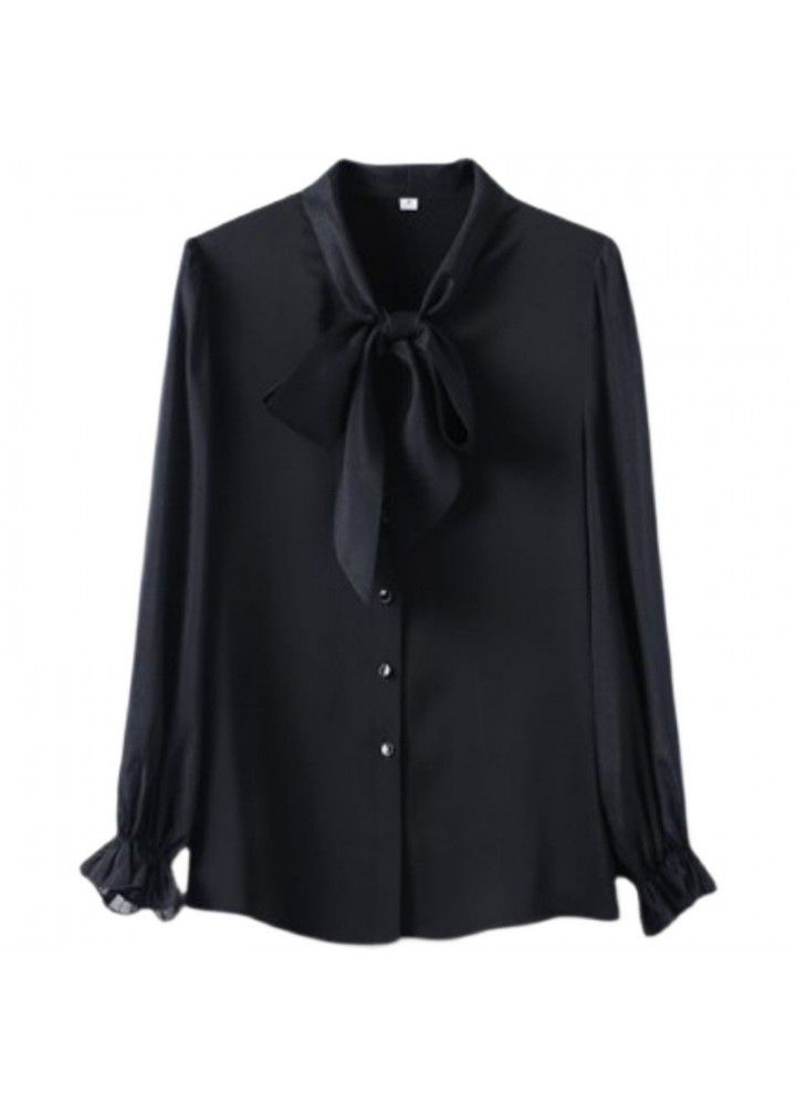 Black shirt women's spring design feeling bow Chiffon Shirt New 2021 Korean fashion summer