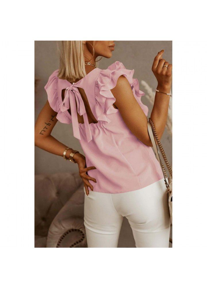 2021 Amazon express wish Europe and America Summer new loose round neck solid color Ruffle short sleeve shirt