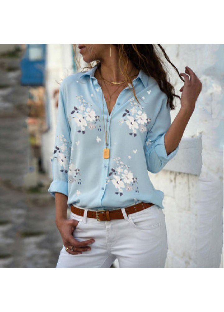 Cross border wish Amazon eBay European and American large women's loose blouse long sleeve V-neck printed shirt