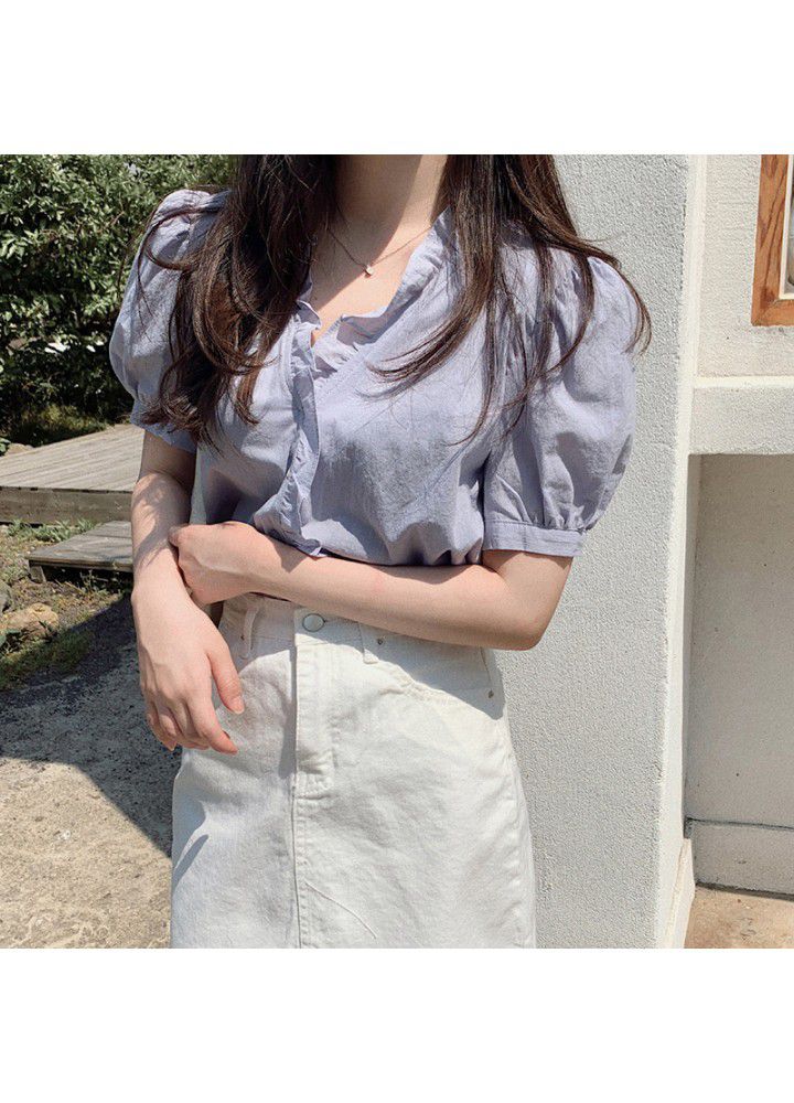 2021 summer new Korean version gentle temperament sweet age reduction ear edge pleated V-neck short sleeve shirt blouse