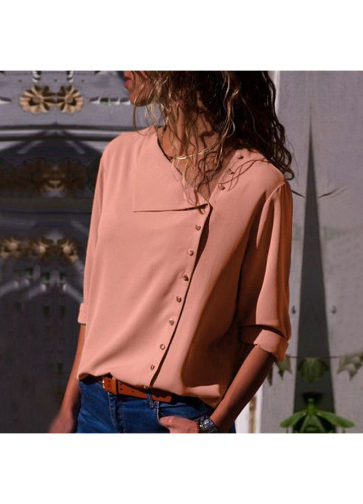 Cross border wish Amazon foreign trade spring and autumn European and American large women's wear slant collar women's shirt fashion long sleeve shirt