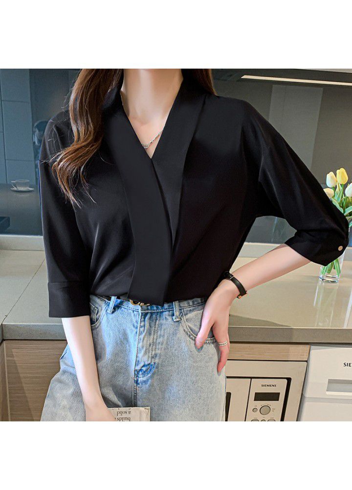 Real shot spot 2021 summer chiffon shirt femininity V-neck 5-sleeve fashion placket show thin black top