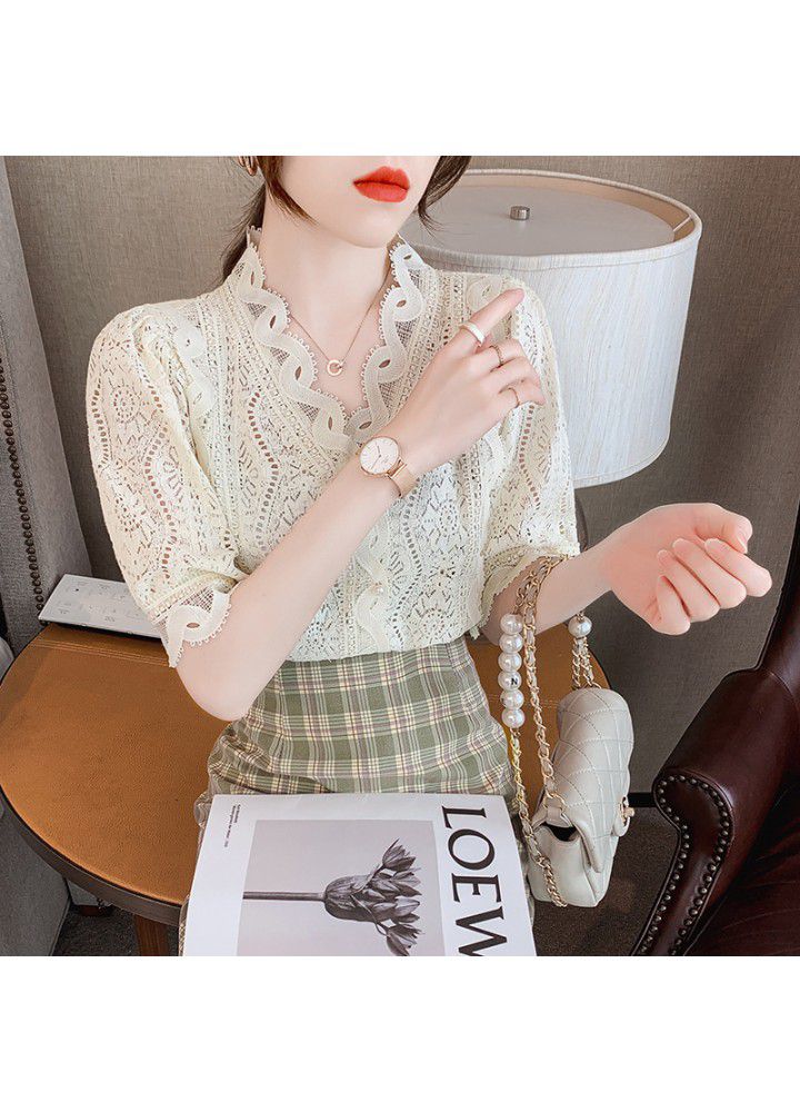 Hong Kong style ice silk breathable V-neck lace shirt 2021 summer new slim cardigan French top