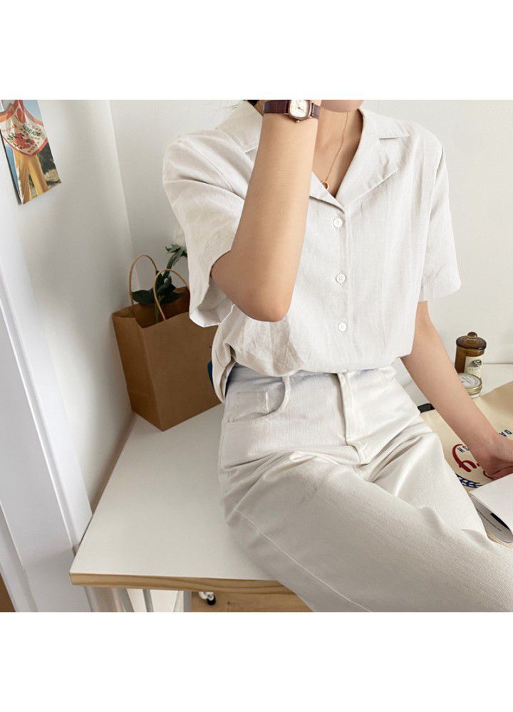 Short sleeve cotton and hemp shirt female 2021 summer thin shirt female small retro short white cardigan female