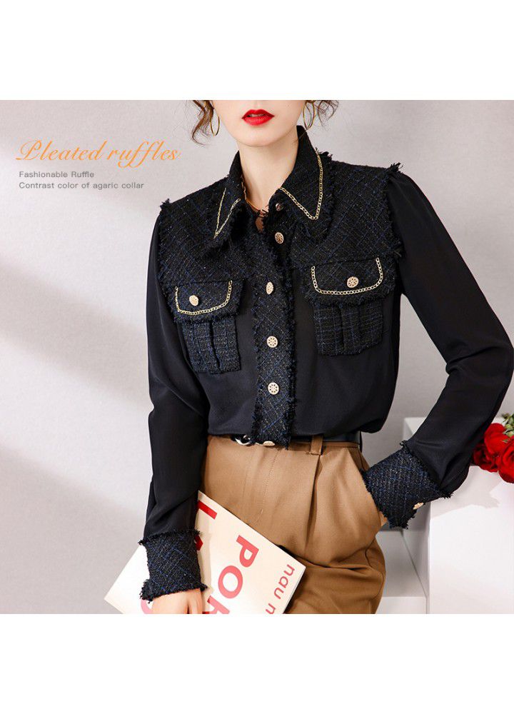 Design sense pocket Lapel long sleeve shirt 034128 gold thread woven splicing temperament French small fragrance top