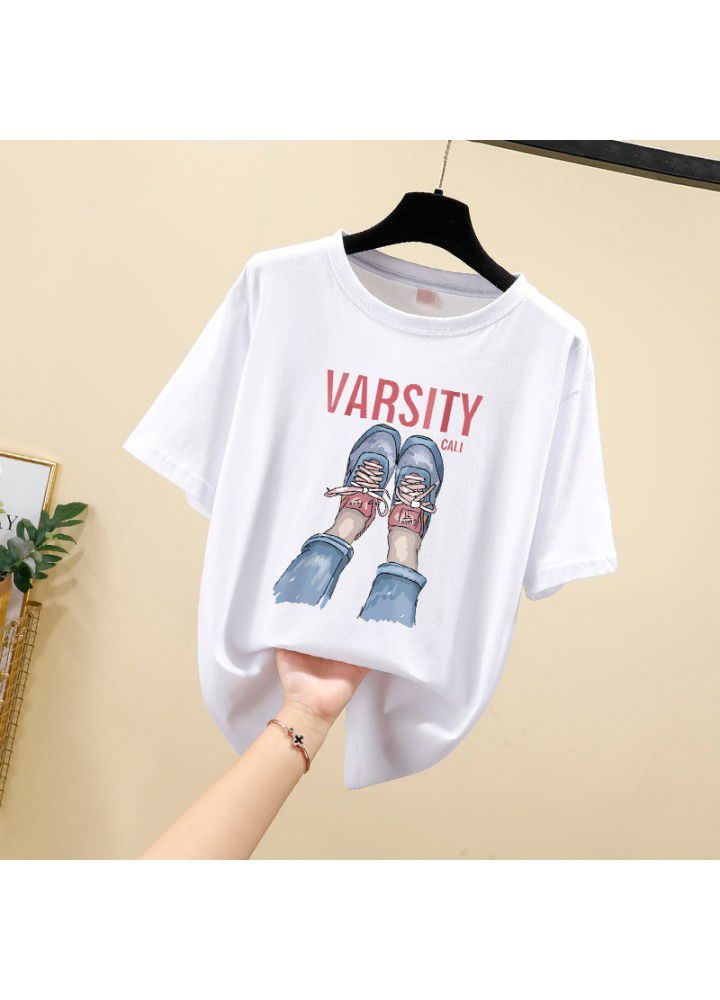 Pure cotton white short sleeve T-shirt women's ins foreign style BF loose and versatile Korean printed base shirt 2021 summer thin