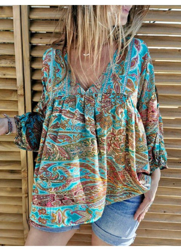 Autumn and winter 2020 new European and American Amazon foreign trade floral long sleeve T-shirt women's printed V-neck pleated top