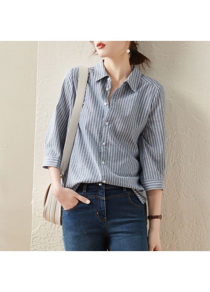 Blue Stripe Shirt female 2021 spring and summer new 7 / 3 sleeve fashion foreign style loose top shirt female design feeling