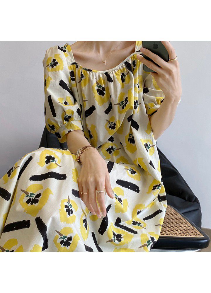 Taochuan bubble sleeve square neck lace up print dress women's 2021 summer Korean mid length slim dress 1936