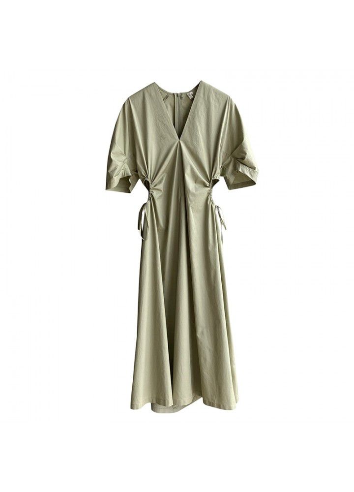 Taochuan Korean Hepburn drawstring open waist short sleeve dress women's summer design V-neck show thin temperament skirt 1963