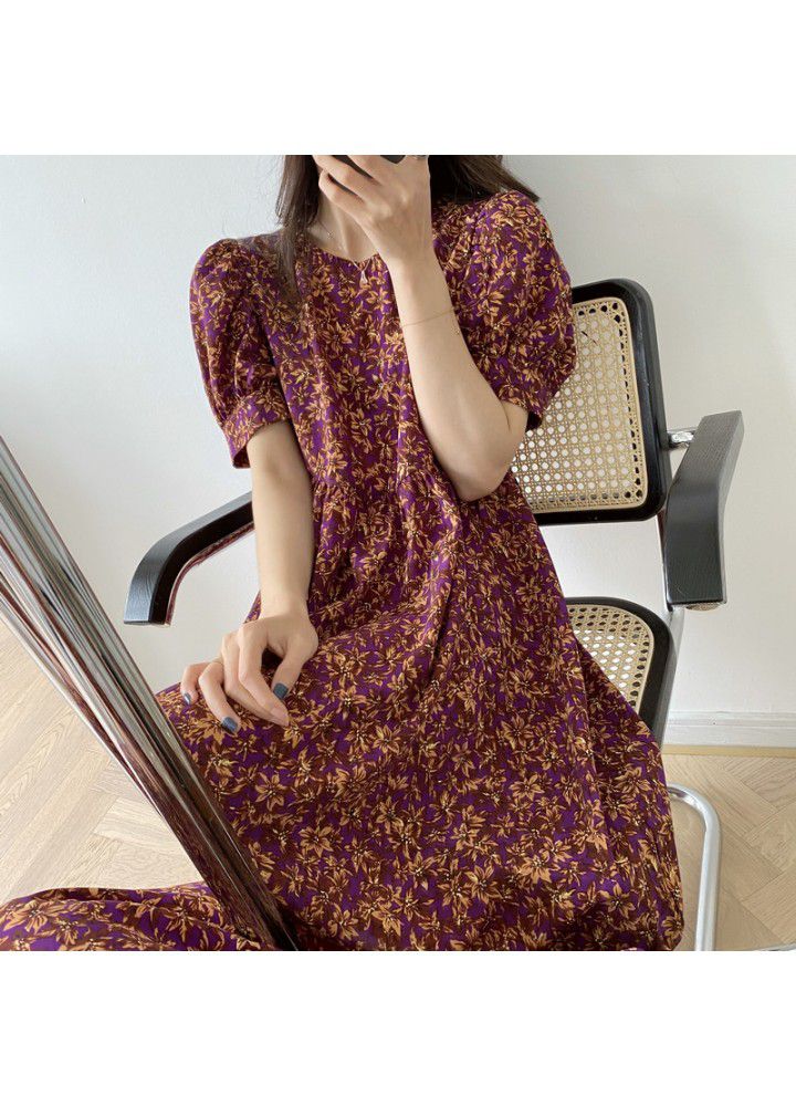 Taochuan zhicongxi 2020 summer new retro round neck bubble sleeve medium length dress short sleeve 525
