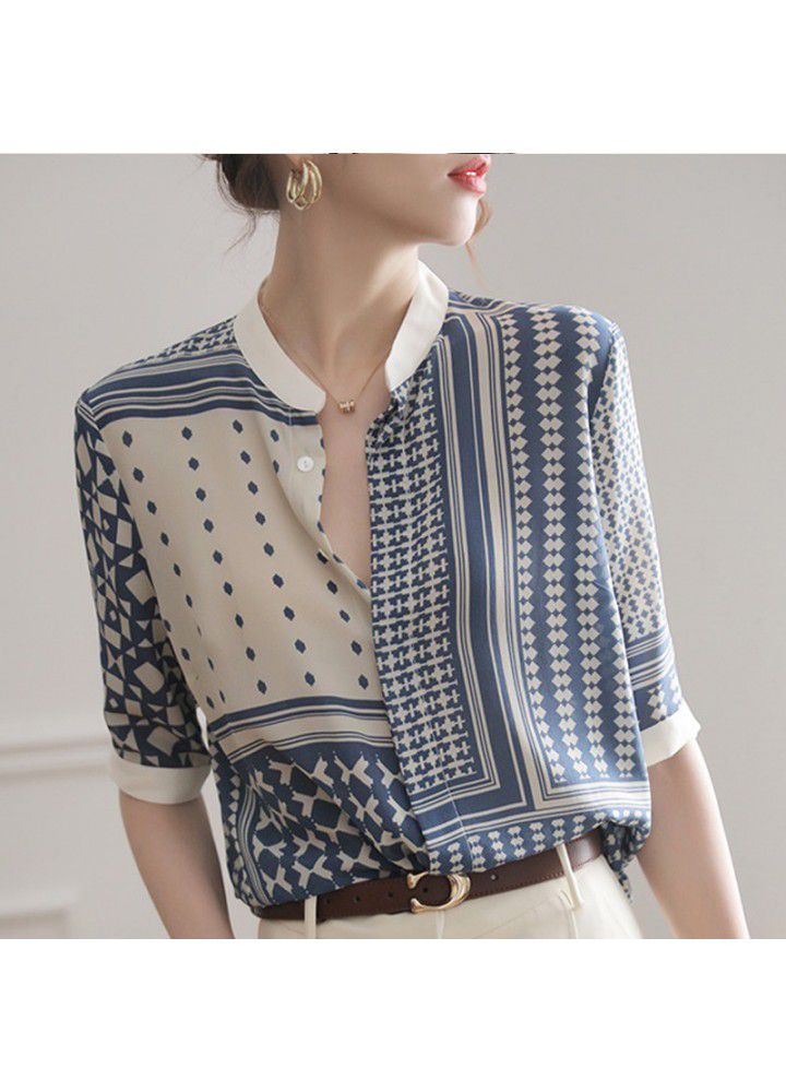 2021 summer new shirt women's middle sleeve stand collar retro Plaid stripe shirt design sense stitching temperament top