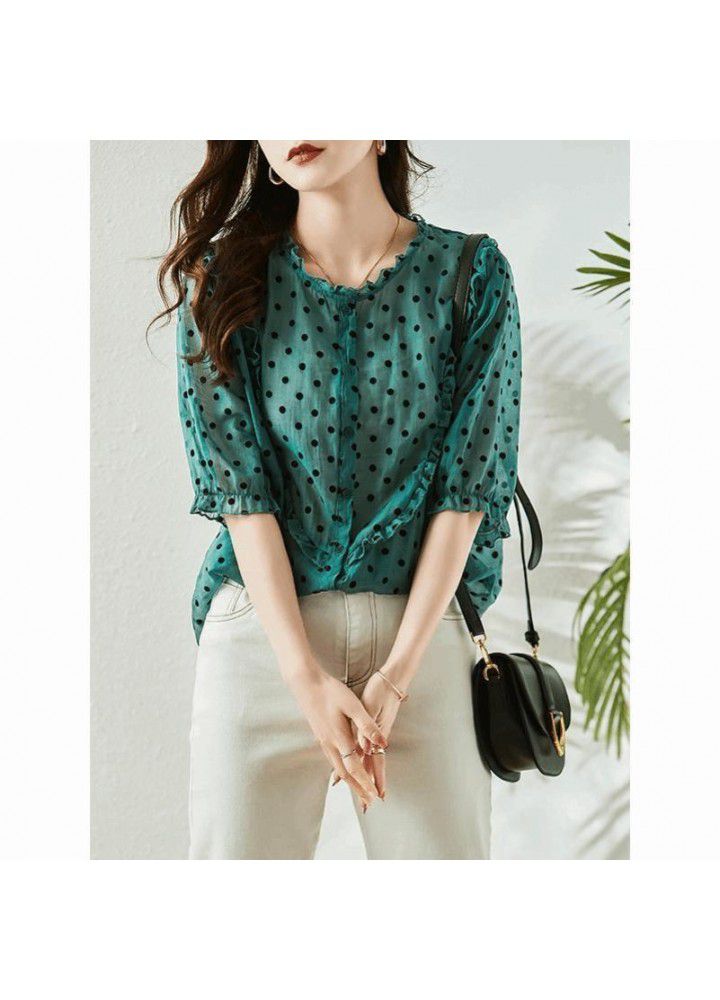 Green Dot Shirt women's summer wear thin 2021 new European fashion age reducing Chiffon Top