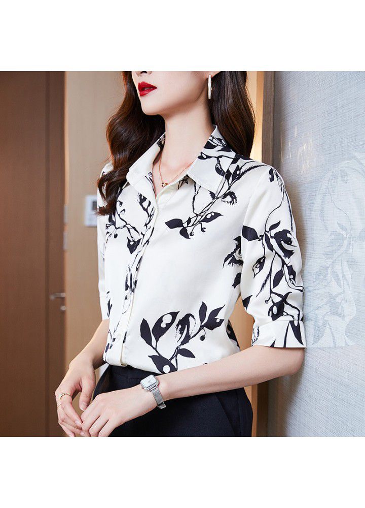 Satin Print Shirt slim design 2021 new summer fashion foreign style shirt Chiffon temperament top