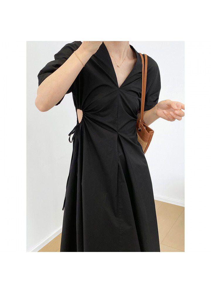Taochuan Korean Hepburn drawstring open waist short sleeve dress women's summer design V-neck show thin temperament skirt 1963