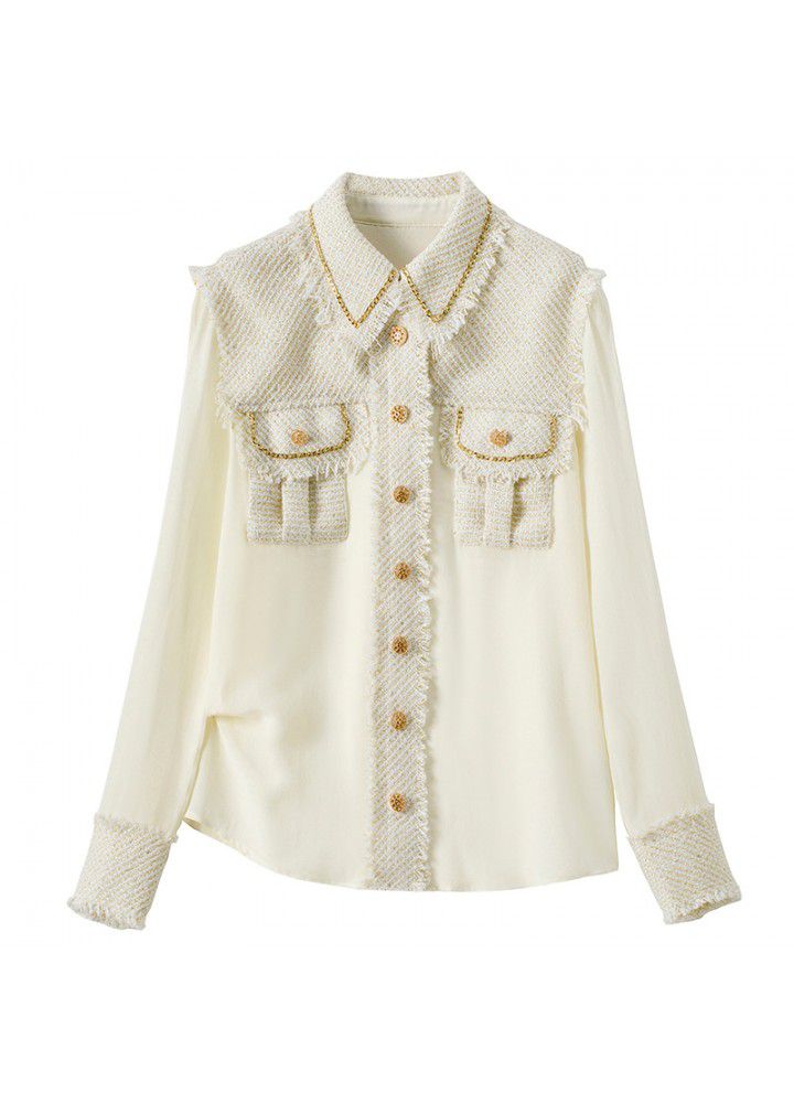 Design sense pocket Lapel long sleeve shirt 034128 gold thread woven splicing temperament French small fragrance top