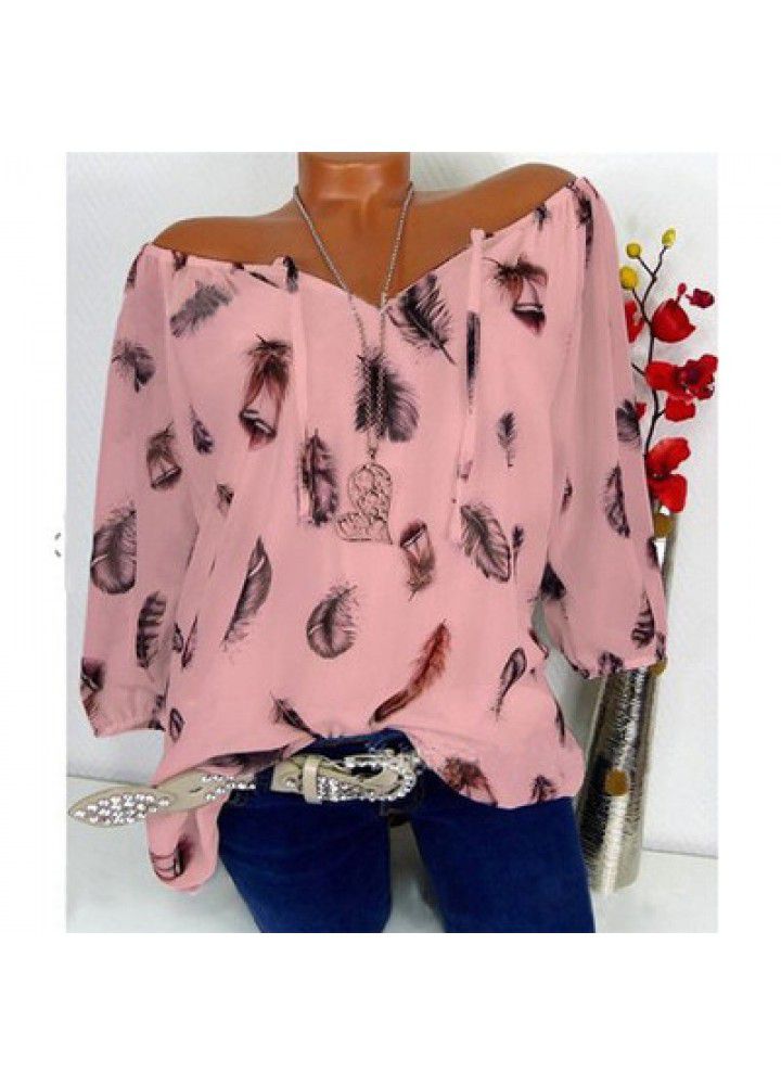 Cross border wish Amazon eBay new European and American casual V-neck Quarter Sleeve loose feather print shirt for women