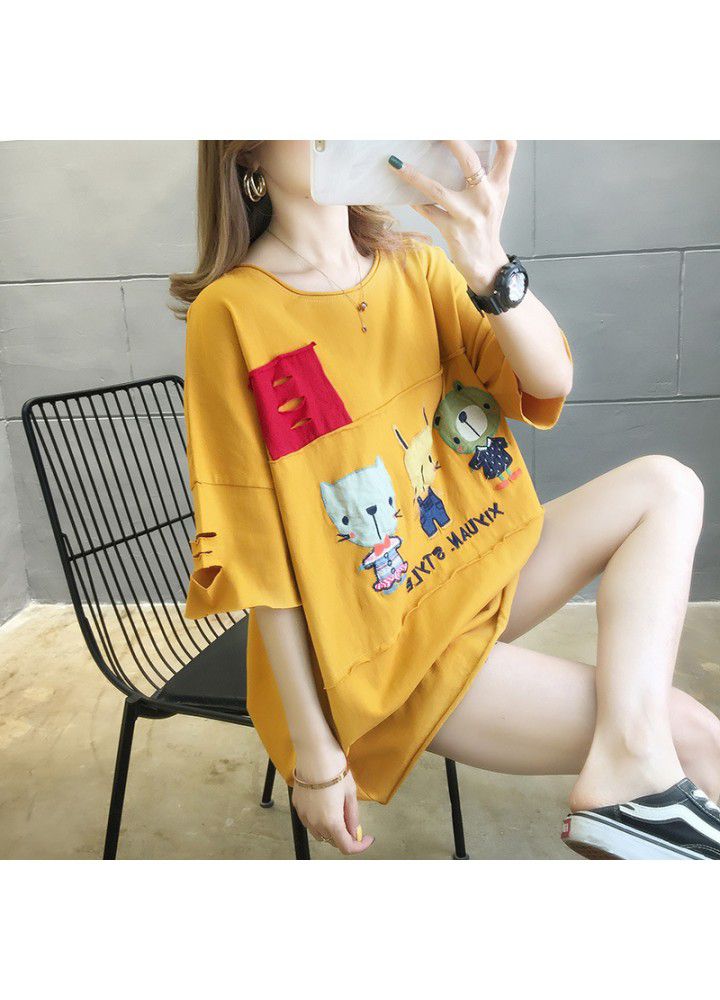 Large size short sleeve T-shirt women's loose 2021 new summer Korean women's dress fat mm foreign style thin cover belly top