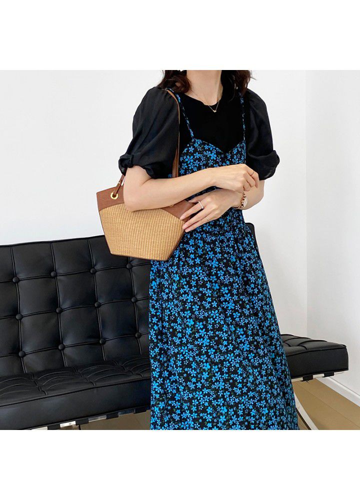 Taochuan two piece floral suspender skirt women's 2021 summer bubble sleeve T-shirt temperament gentle long dress 5176
