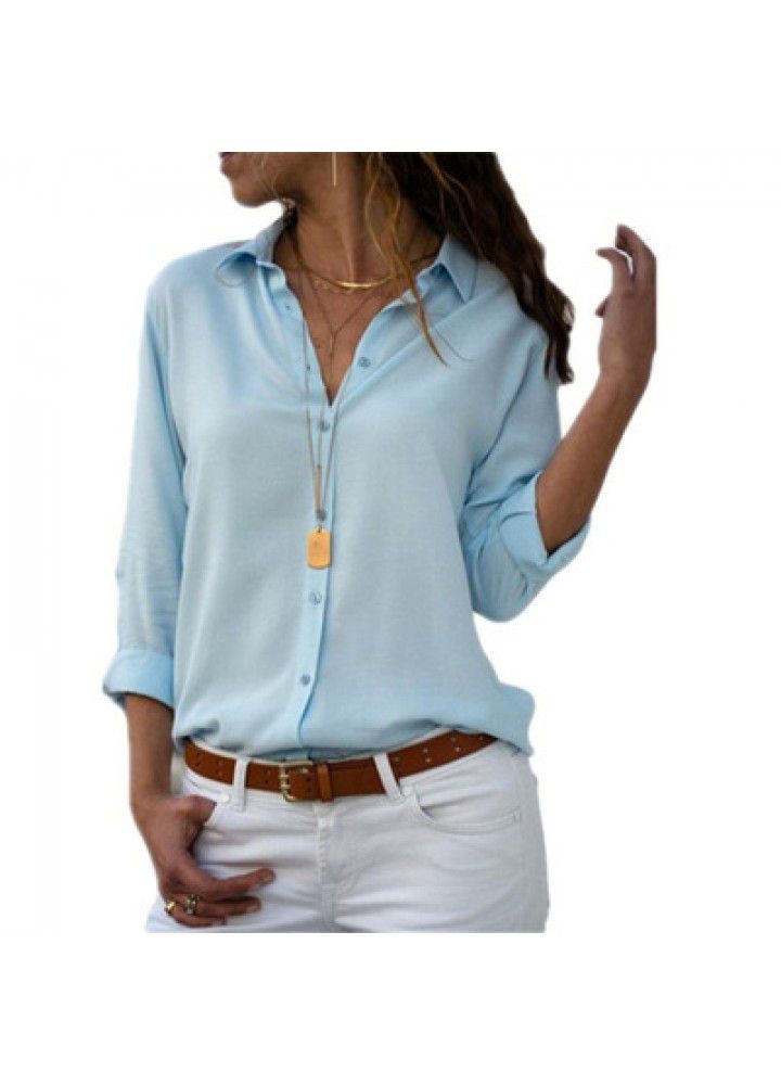 Cross border wish Amazon eBay European and American chiffon shirt women's shirt long sleeve deep V Lapel button shirt women's shirt