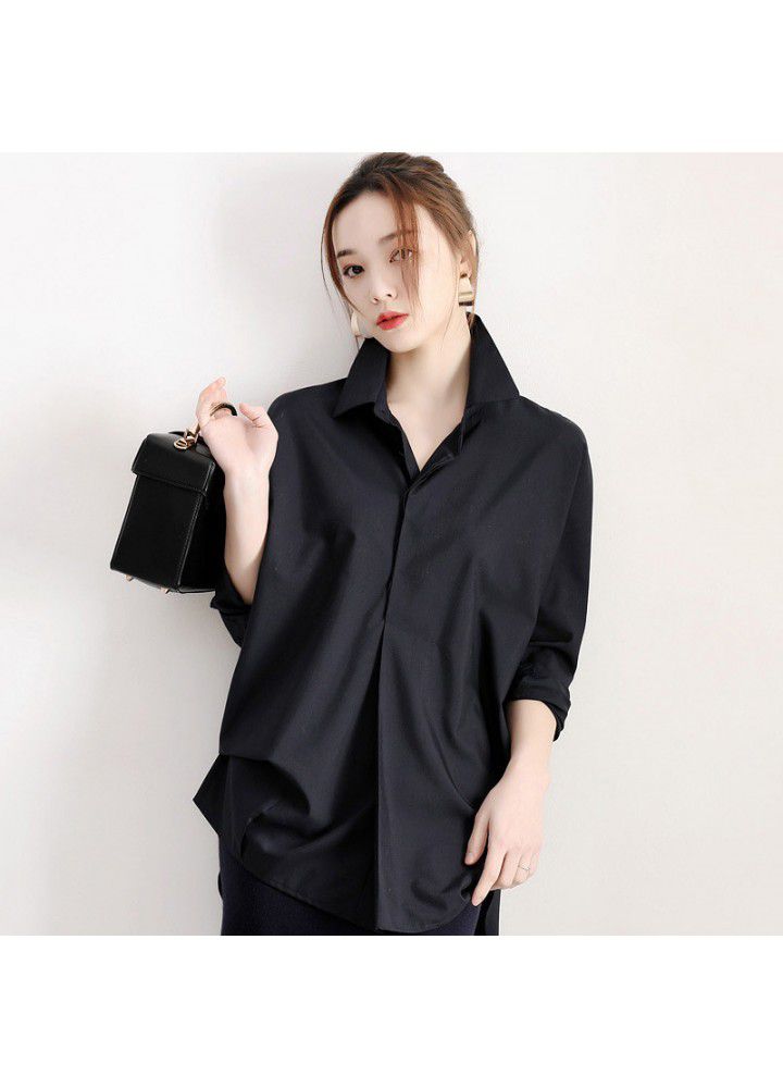 Spring and summer 2021 new Chiffon black shirt women's design sense loose light ripe Hong Kong style retro Top Casual Shirt