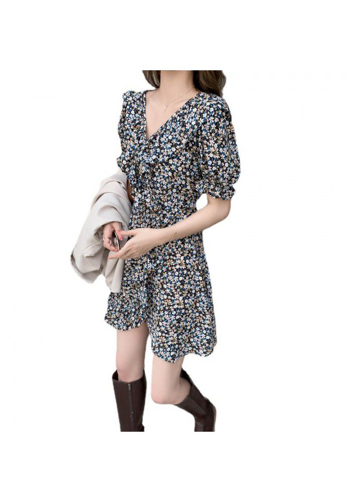 2021 new summer women's V-neck trumpet sleeve Floral Chiffon short sleeve dress fashion women's wear