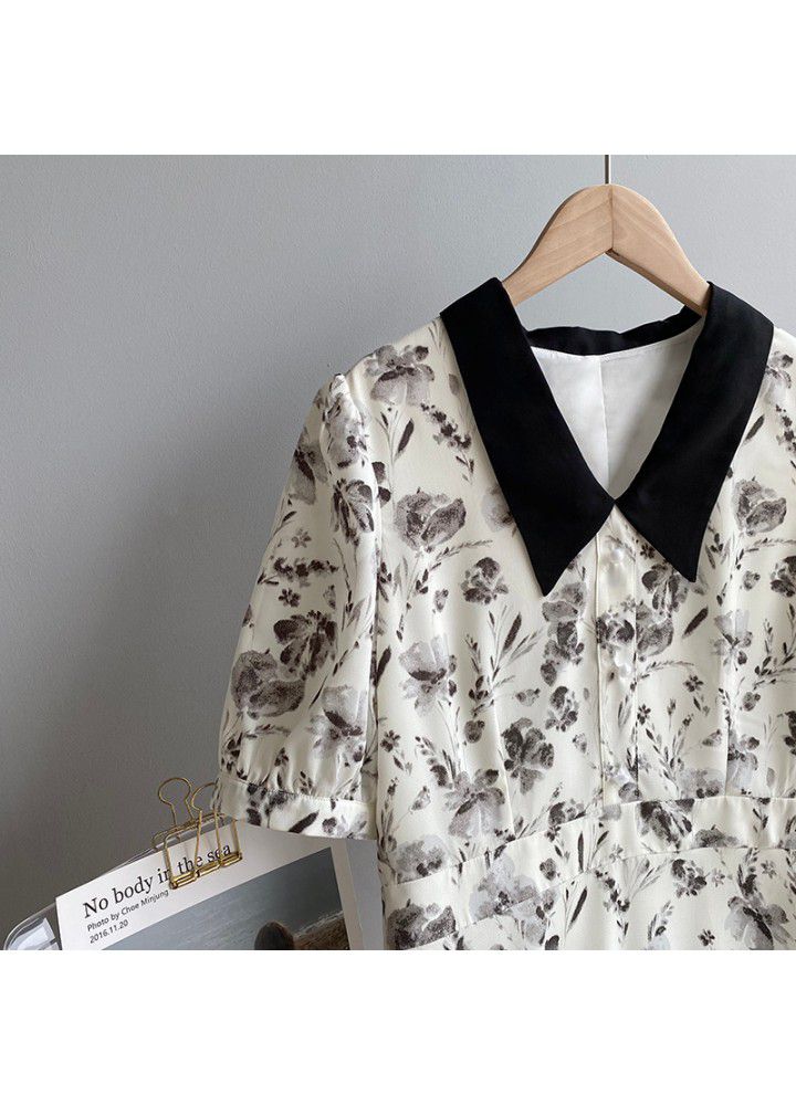The fall of taochuan in early summer: French Hepburn dress women's 2021 Chiffon bubble sleeve contrast skirt 1952