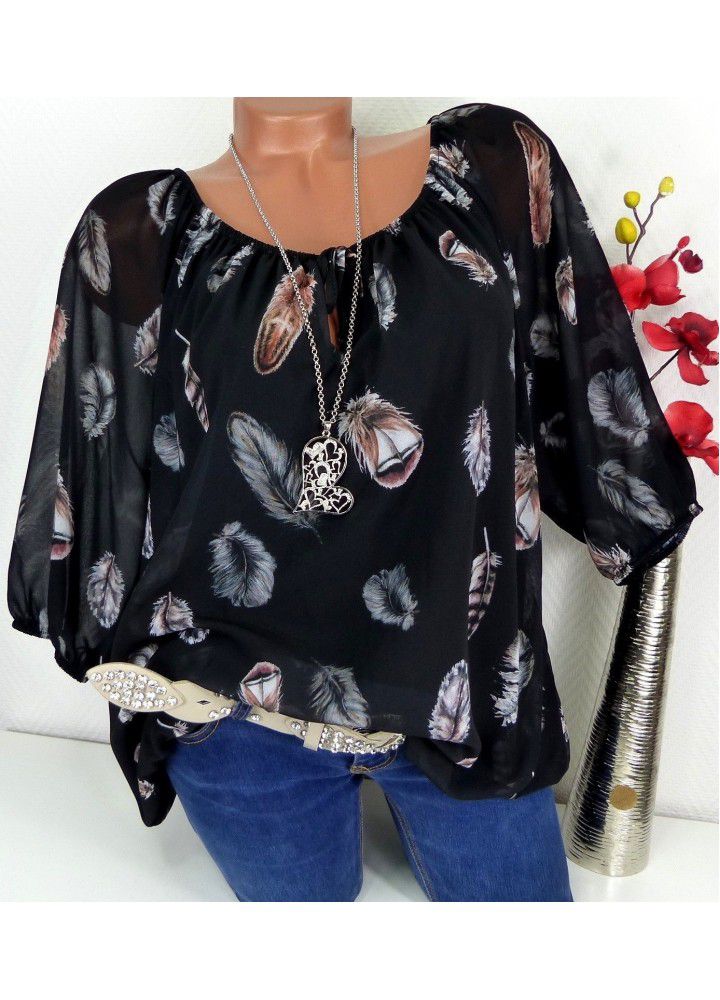 Cross border wish Amazon eBay new European and American casual V-neck Quarter Sleeve loose feather print shirt for women