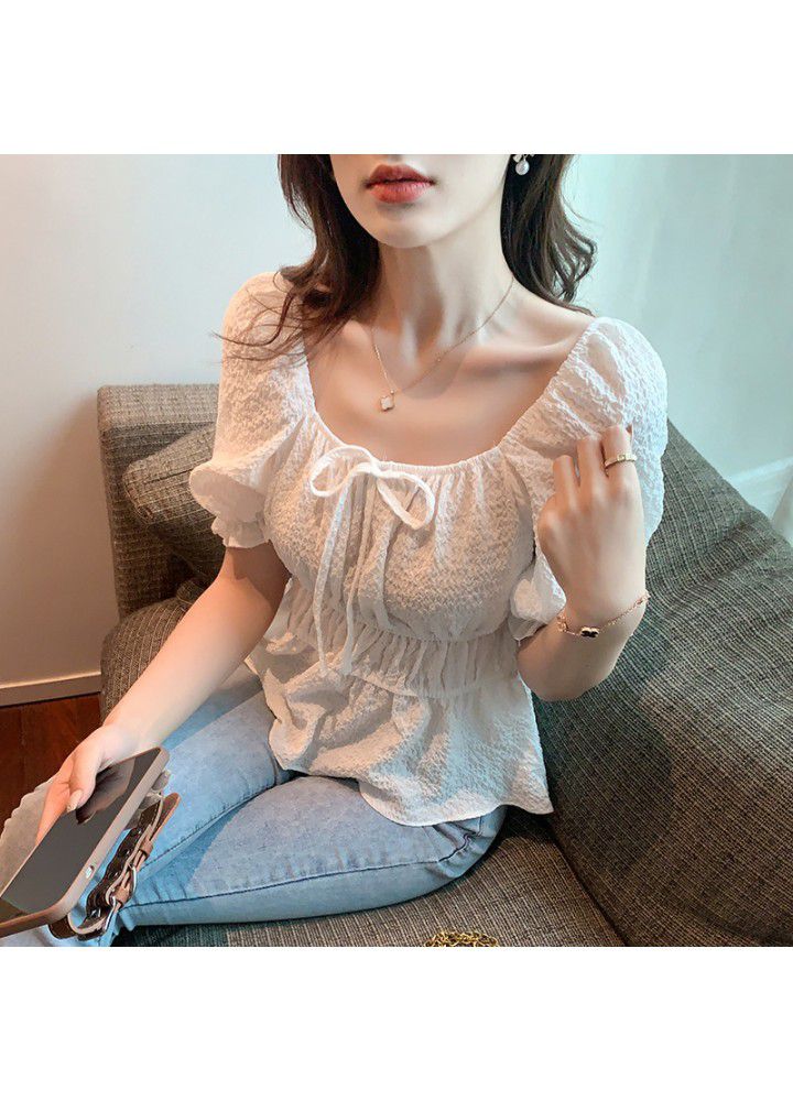 Real shot 2021 summer new Korean versatile Square Neck Lace Up bubble cloth waist down short sleeve shirt blouse