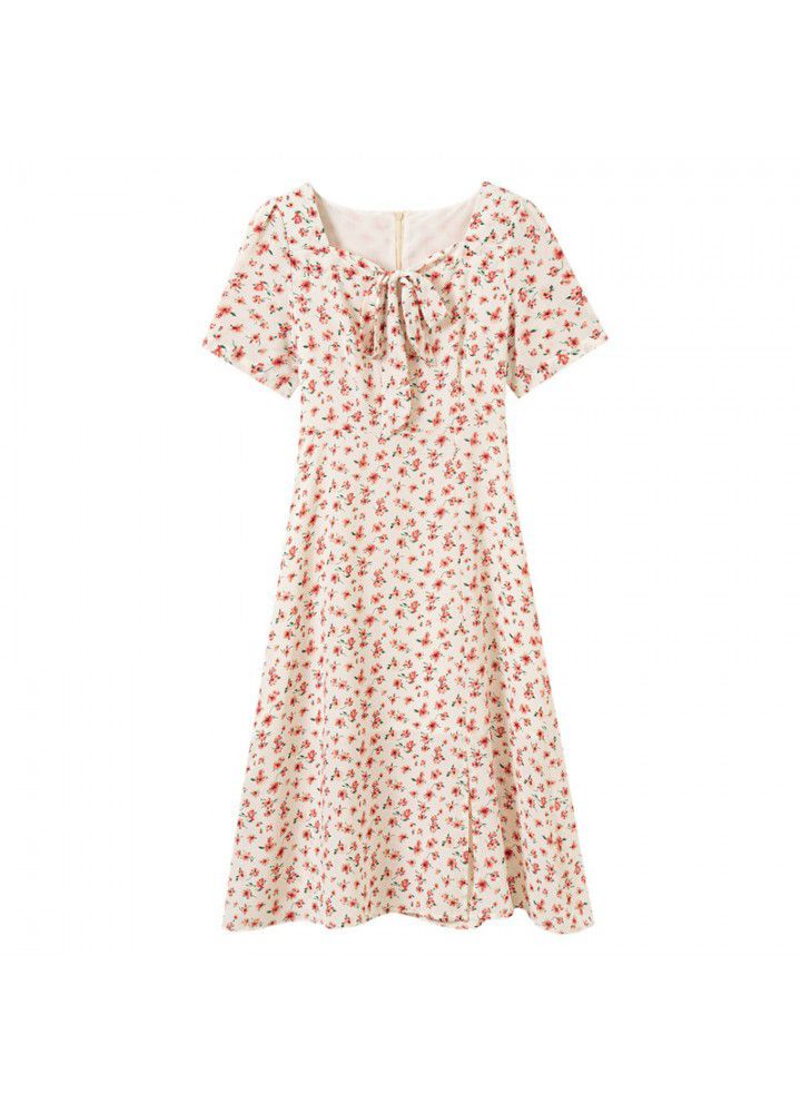 French retro floral Platycodon grandiflorum skirt summer 2021 new Korean split neck two wear holiday dress