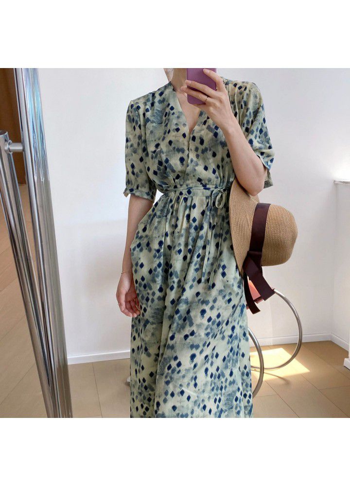 Taochuan waist V-neck short sleeve dress summer 2021 new loose halo dye temperament floral dress 3372