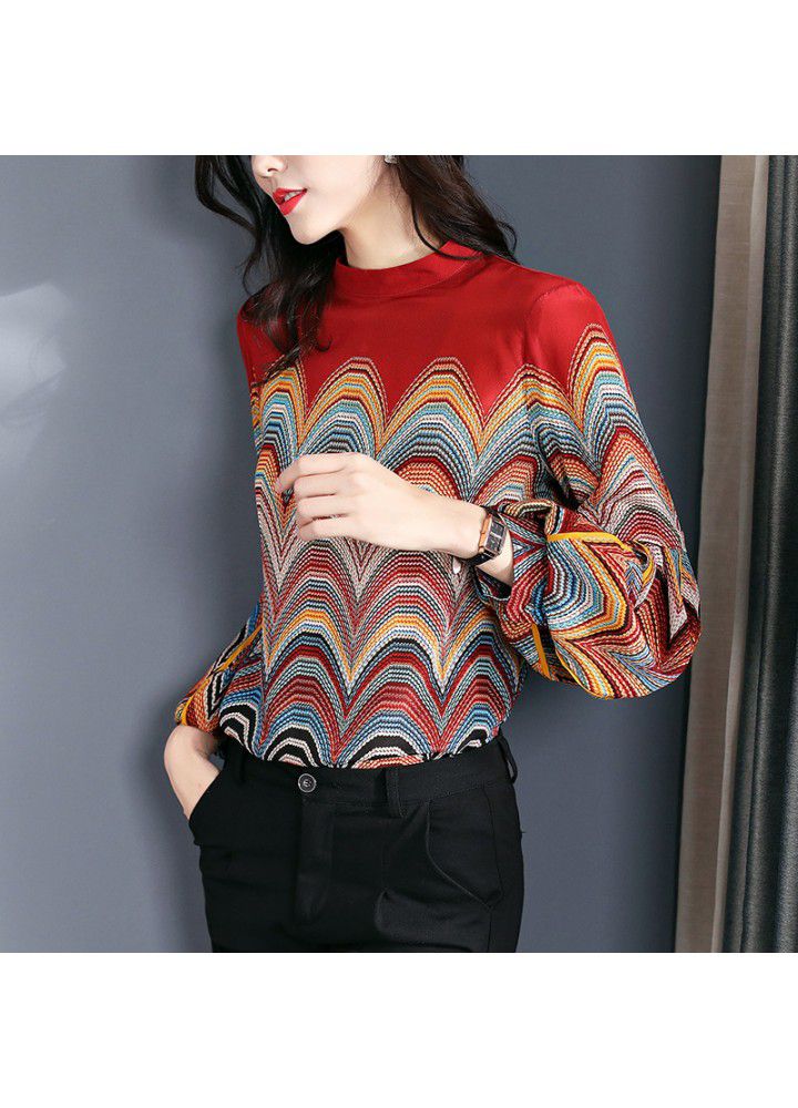 Temperament standing collar Lantern Sleeve color wave retro printing loose and thin shirt for women 2021 early spring