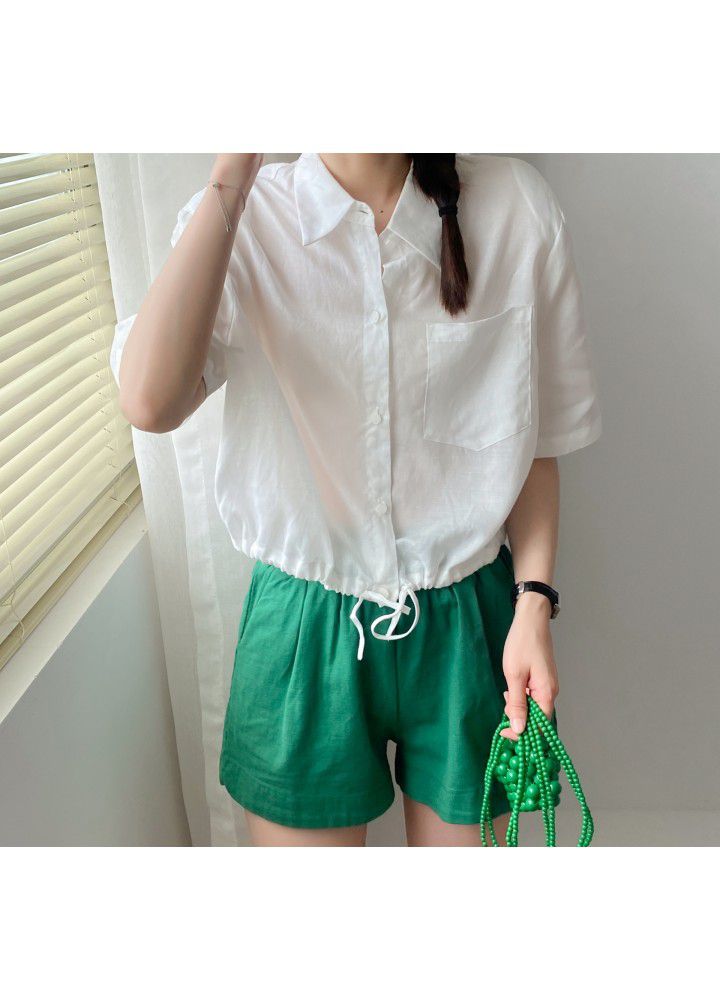 Women's Cotton hemp short sleeve shirt 2021 new summer Korean loose thin casual Tencel hemp Lapel shirt