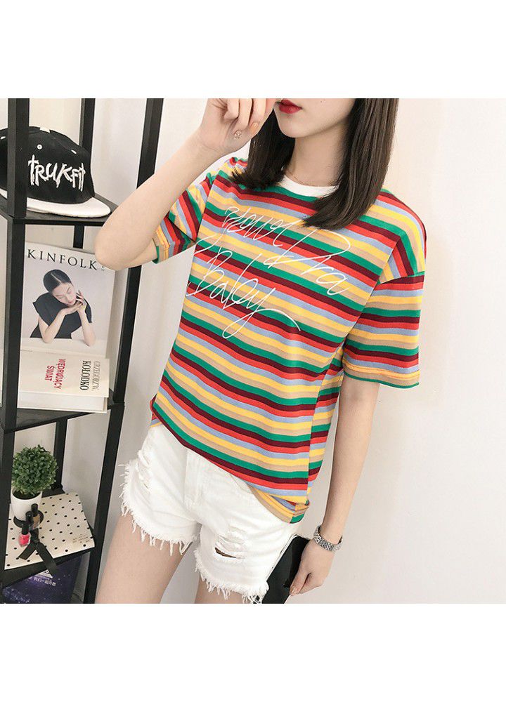 2021 summer new cotton letter printing Rainbow Flower stripe short sleeve t-shirt female round neck Hong Kong Style CEC fashion