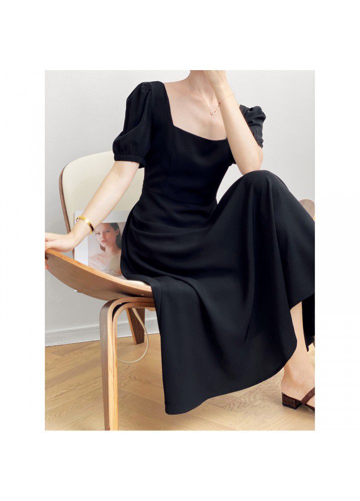 Zhicongxi black dress women's 2021 summer new style square collar French long Hepburn style small black dress 573