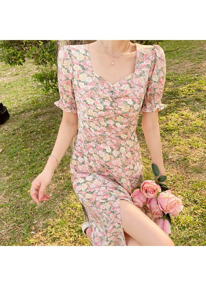 Monet oil painting skirt 2021 new spring retro V-neck tea break skirt split pure French floral dress women's summer
