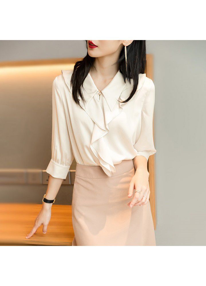 Korean top women's design temperament shirt women's summer short sleeve top 5 / 5 middle Sleeve Chiffon shirt spring and Autumn
