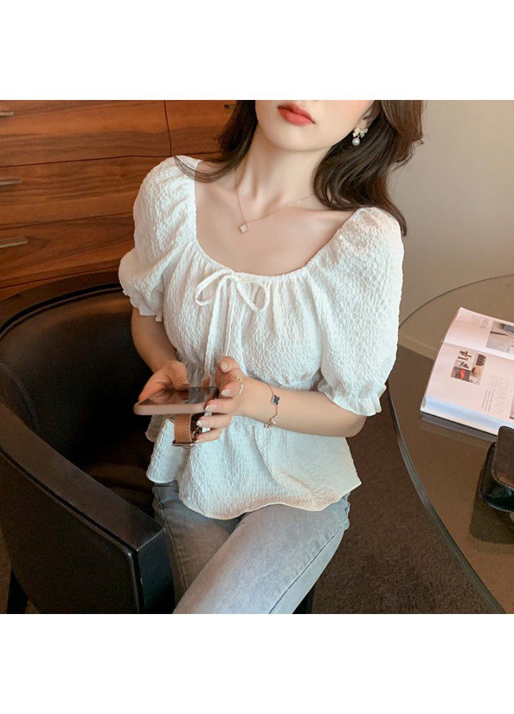 Real shot 2021 summer new Korean versatile Square Neck Lace Up bubble cloth waist down short sleeve shirt blouse