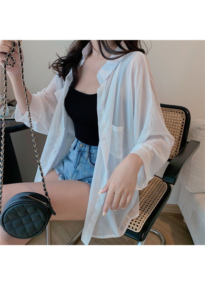 2021 spring and summer new thin sunscreen Shirt Top loose Long Sleeve Chiffon shirt versatile Cardigan Jacket Women's wear