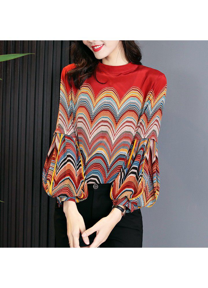 Temperament standing collar Lantern Sleeve color wave retro printing loose and thin shirt for women 2021 early spring