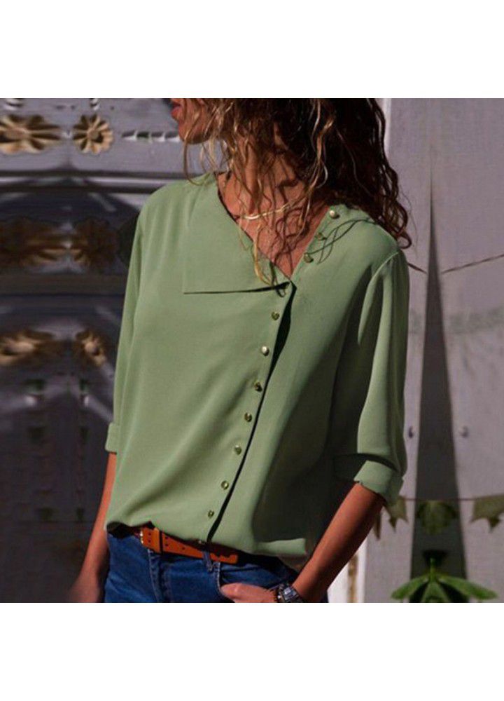Cross border wish Amazon foreign trade spring and autumn European and American large women's wear slant collar women's shirt fashion long sleeve shirt