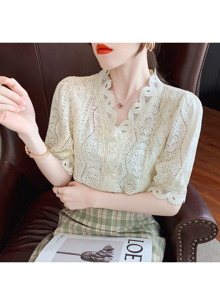 Hong Kong style ice silk breathable V-neck lace shirt 2021 summer new slim cardigan French top