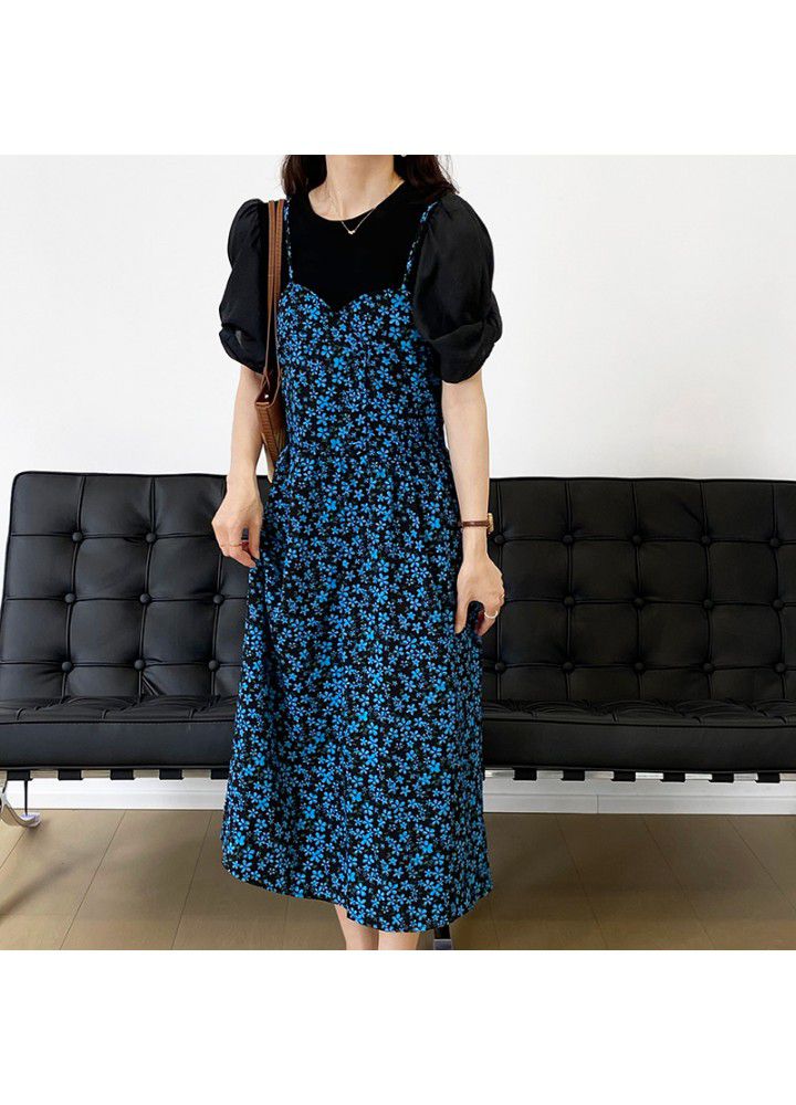 Taochuan two piece floral suspender skirt women's 2021 summer bubble sleeve T-shirt temperament gentle long dress 5176