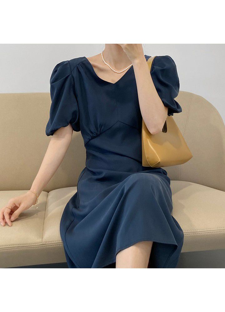 Taochuan French elegant V-neck solid color bubble sleeve dress women's 2021 summer short sleeve high waist long skirt word 5160