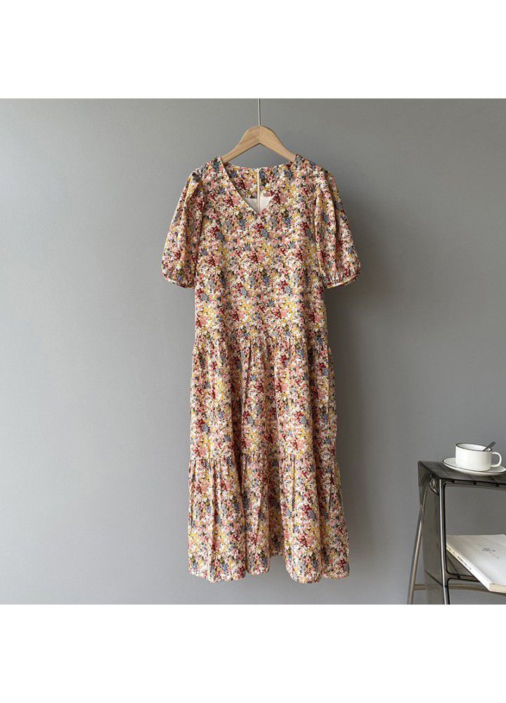 Zhicongxi gentle wind Long Floral dress women's 2021 summer bubble sleeve loose V-neck chiffon skirt 763