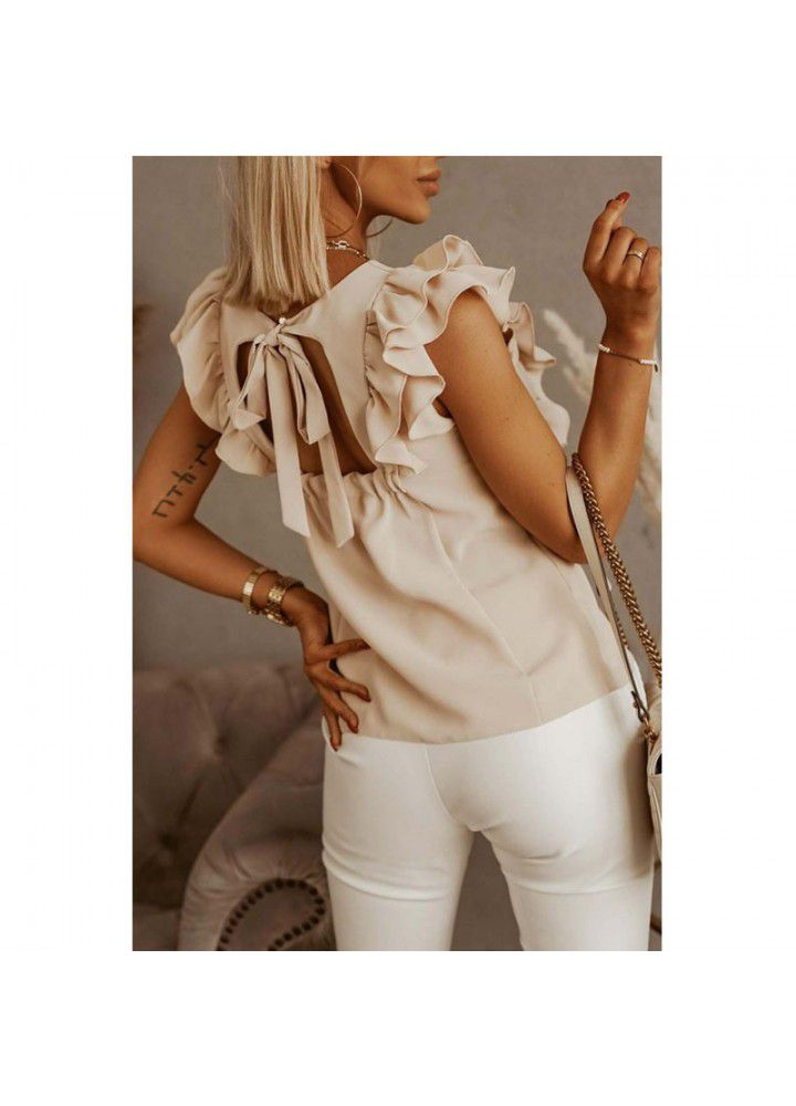 2021 Amazon express wish Europe and America Summer new loose round neck solid color Ruffle short sleeve shirt